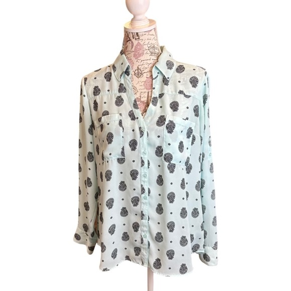 Express Button Up Light Blue and Paisley Convertible Sleeve Blouse, size Large - Picture 1 of 10